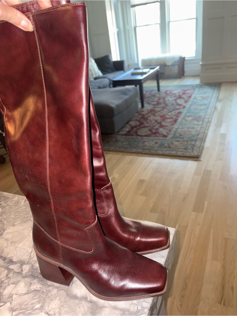 Worn once Franco Sarto leather burgundy tall Square-Toe Boots with Block Heel
